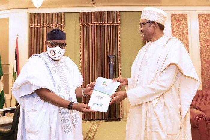 President Muhammadu Buhari meets with Governor Rotimi Akeredolu of Ondo State at the Presidential Villa, Abuja on Tuesday, June 16, 2020. [Twitter/@NigeriaGov]
