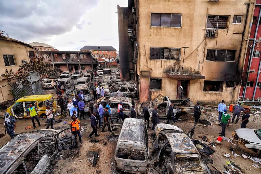 Lagos State Governor, Babajide Sanwo-Olu inspects some of the facilities burnt by thugs. [Twitter/@followlasg]