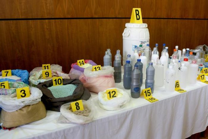 Morocco's Central Bureau of Judicial Investigation (BCIJ) shows chemicals seized as a result of the dismantling of an Islamic State group-affiliated cell planning suicide bombings