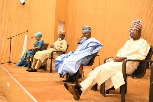 L-R: Dr. Abimbola Alale, Managing Director, NIGCOMSAT; Prof. Umar Danbatta, Executive Vice Chairman, NCC; Pantami and Kasifu Abdullah, Director General, NITDA during the inauguration of the Committees.