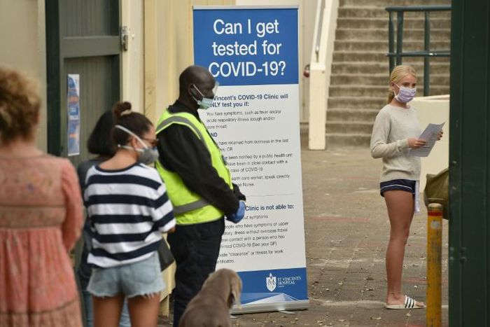 People line up for coronavirus testing at Bondi Beach in Sydney