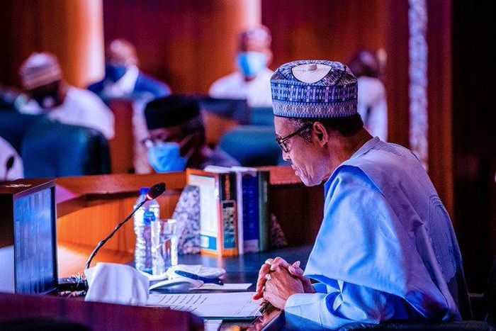 President Muhammadu Buhari  at the National Executive Council meeting of the All Progressives Congress (APC) held at the Presidential Villa on Thursday, June 25, 2020. [Twitter/@BashirAhmaad]