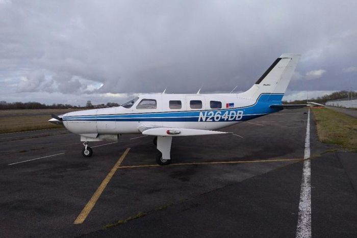 A handout photograph released by the UK Air Accidents Investigation Branch shows the the Piper Malibu, N264DB, on the runway in Nantes