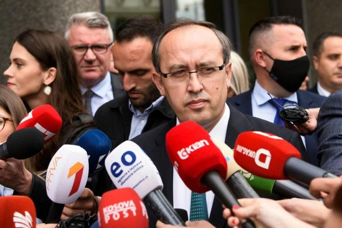 Avdullah Hoti addresses media in Pristina after being elected new prime minister at the head of a centre-right administration to draw a line under months of political turmoil
