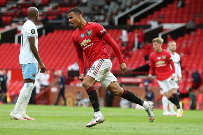 Manchester United's Mason Greenwood celebrates after scoring against West Ham