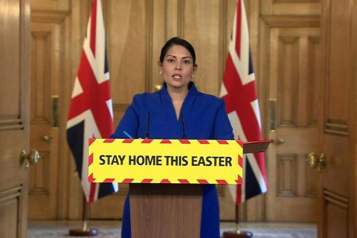 SOUNDBITE British Home Secretary Priti Patel announces another 917 deaths in hospital due to coronavirus, bringing the country's total toll close to 10,000.