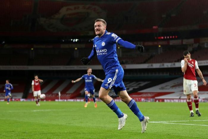 Leicester striker Jamie Vardy celebrates his goal at Arsenal