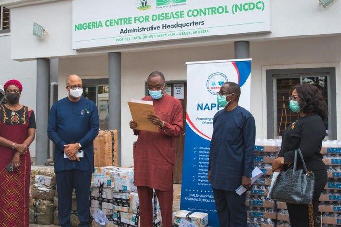 From left: Chairman/CEO of the NiDCOM Mrs Abike Dabiri-Erewa, Dr. Chikwe Ihekweazu, Chairman NCDC at the presentation of Diagnostics and Pharmaceutical Personal Protective Equipment worth millions of Naira by the Nigerian Association of Pharmacists and...