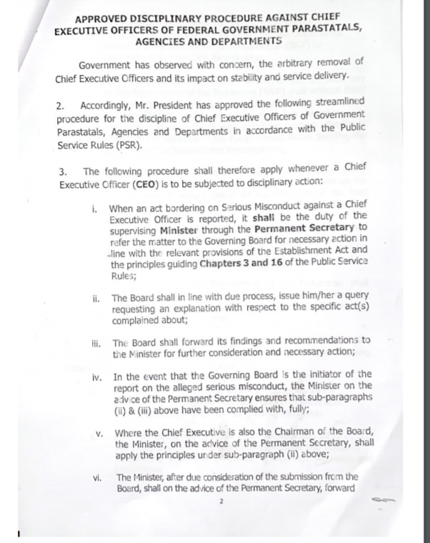 SGF circular to ministers on disciplinary guidelines