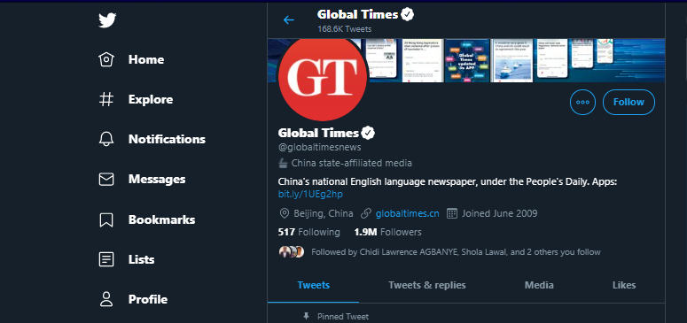 Global Times News has been tagged as Chine State-Affiliated media with the new feature