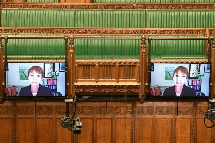 A handout photograph from the UK Parliament shows Green Party MP Caroline Lucas speaking via video link during Prime Minister's Questions in the House of Commons in London.