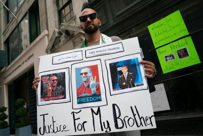Chekib Drareni is seen outside the Algerian consulate in New York protesting Algeria's jailing of his brother, journalist Khaled Drareni