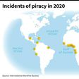 World map lacating piracy and armed robbery incidents, reported to International Maritime Bureau in 2020.