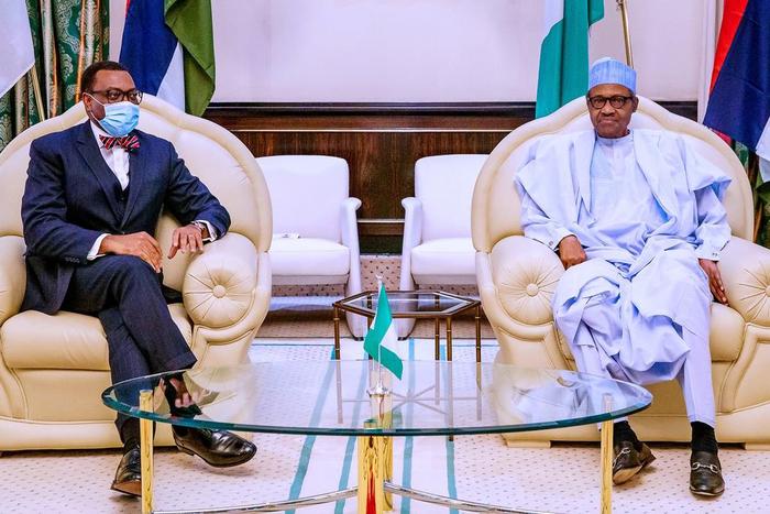 Embattled AfDB President, Akinwumi Adesina, meets President Muhammadu Buhari in Aso Villa. [Twitter/@BashirAhmaad]