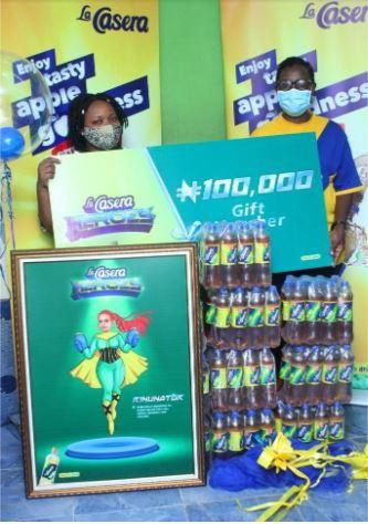 L-R: Rinunator; Olorunrinu Oduala and Senior Brand Manager, The La Casera Company Ruth Ode at the gift presentation in Lagos State.