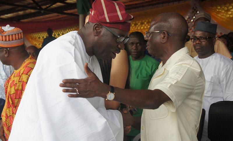 Godwin Obaseki (left) with Adams Oshiomhole (right) [ThisDay]