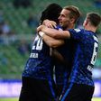 Hertha Berlin celebrate after defender Peter Pekarik (C) scores their opening goal at Werder Bremen