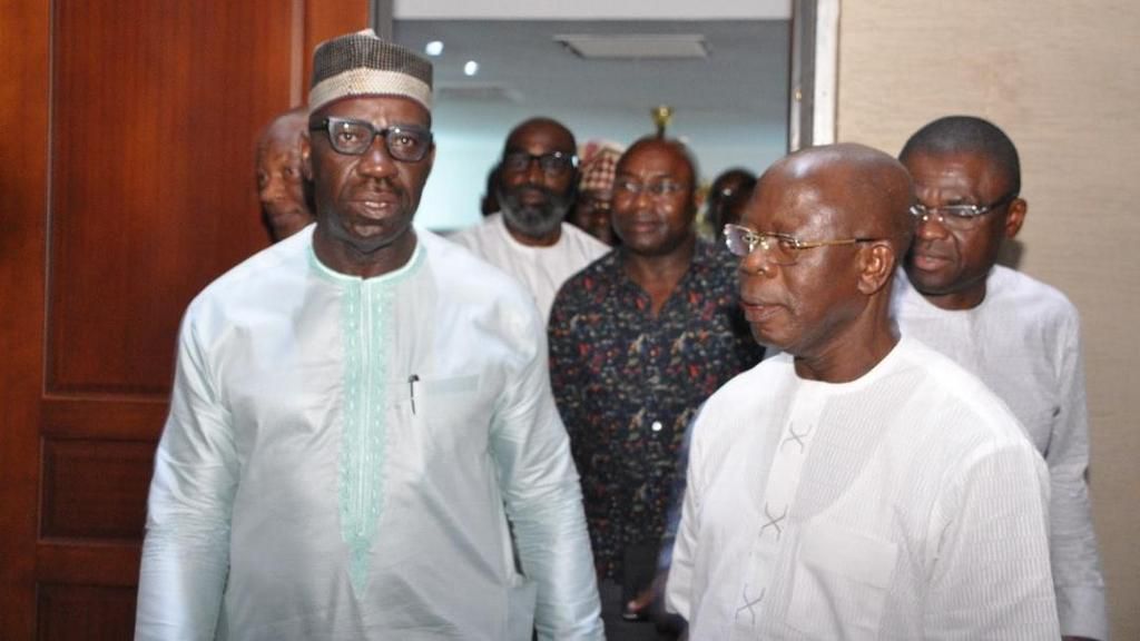 National Chairman of All Progressives Congress (APC), Comrade Adams Oshiomhole and Gov. Godwin Obaseki of Edo state. [Facebook/Governor Godwin Obaseki]