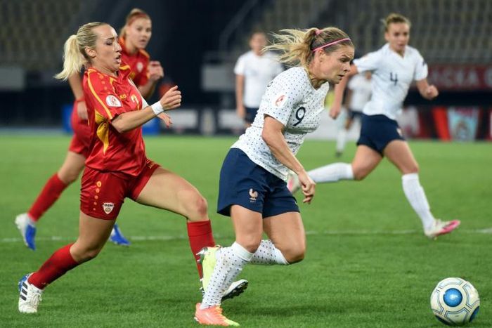 Le Sommer (right) in Skopje where her double put her on top of the France women's scoring charts