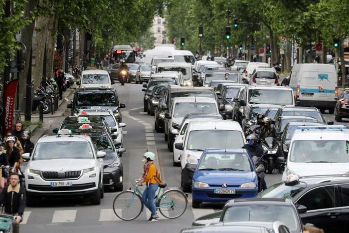 Traffic builds up on Beaumarchais boulevard in Paris after France eased lockdown measures taken to curb the spread of COVID-19