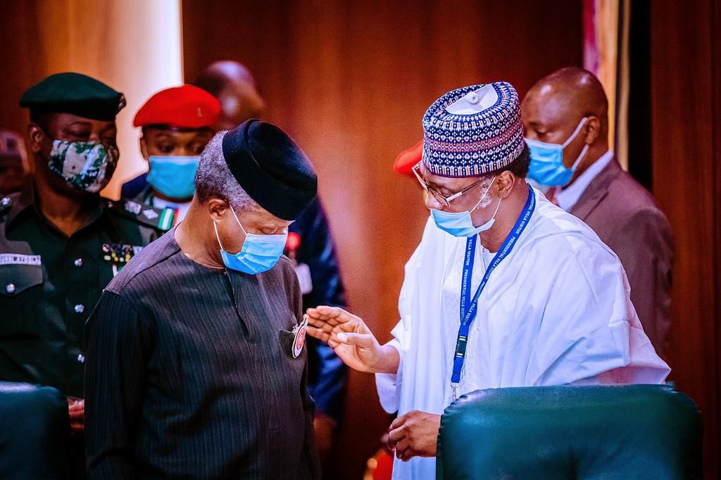 Vice President Yemi Osinbajo being decorated with the 2021 Armed Forces Remembrance Emblem. [Twitter/@BashirAhmaad]
