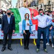 League party chief Matteo Salvini, centre, along with opposition leaders Giorgia Meloni and Antonio Tajani march in protest against the government