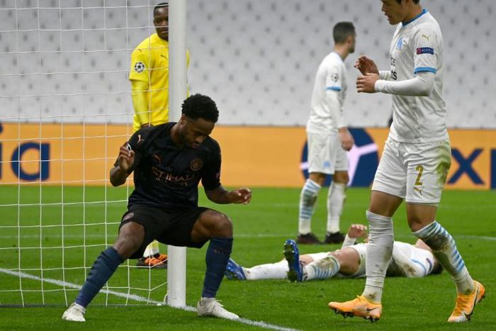 Raheem Sterling scored City's third at the Stade Velodrome