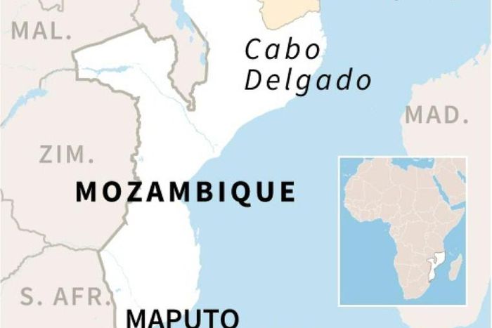 Map of Mozambique, showing districts of Cabo Delgado province affected by the Islamist insurgency