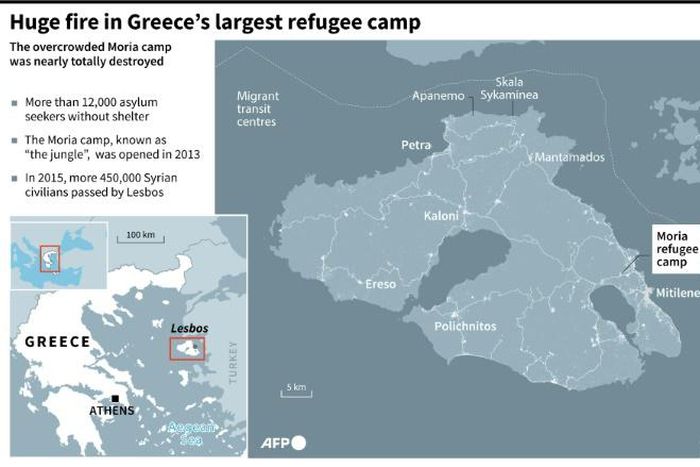 Map of the island of Lesbos, locating the the Moria refugee camp, the largest in Greece, which was destroyeed by fire Wednesday morning.