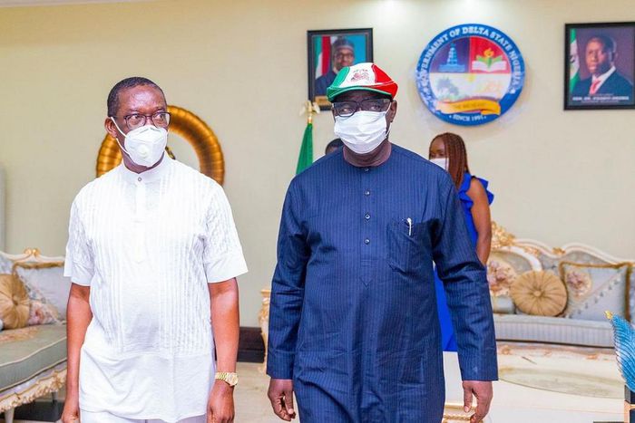 Okowa receives victorious Obaseki at Govt House Asaba (Delta State media team)