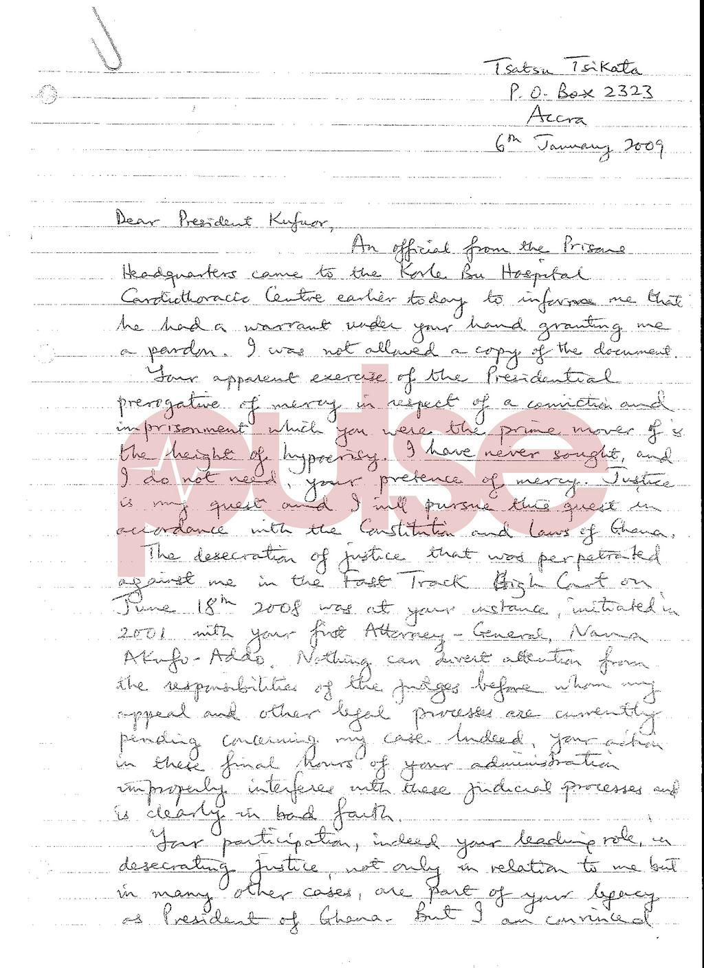 Tsatsu Tsikata's letter to the former president of Ghana, John Agyekum Kufuor rejecting his pardon on January 6, 2009