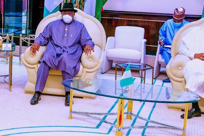 President Muhammadu Buhari receives former President Goodluck Jonathan at Aso Rock to discuss the political situation in Mali. [Twitter/@BashirAhmaad]