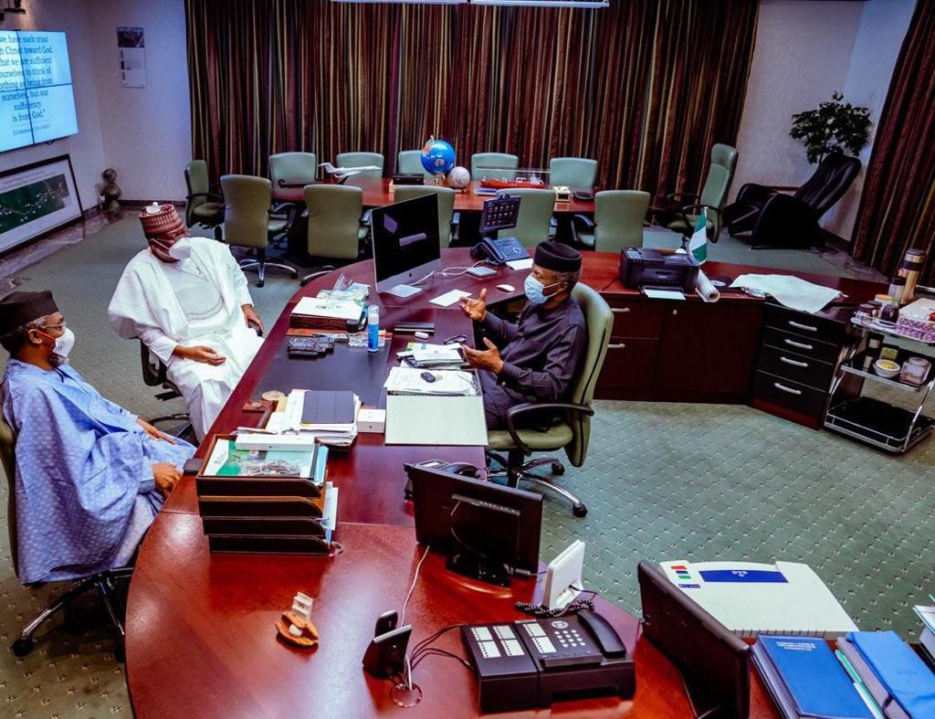 Vice President Yemi Osinbajo, President of the Senate, Ahmad Lawan and Speaker of the House of Representatives, Hon. Femi Gbajabiamila. [Twitter/@femigbaja]