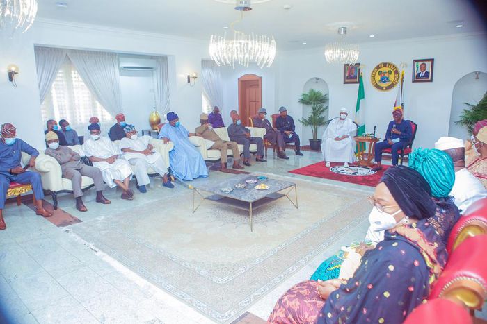 Governor Babajide Sanwo-Olu of Lagos State and Southwest Senators during their solidarity visit to the governor on the EndSARS protest mayhem in Lagos House, Marina on Tuesday. [Twitter/@Opetuyii]