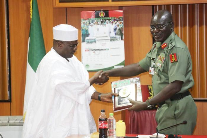The Chief of Army Staff, Lt.-Gen. Tukur Buratai and Sen. Ali Ndume, Chairman, Senate Committee on Army during an oversight visit to Army Headquarters in Abuja on 22/20/2019. (NAN)
