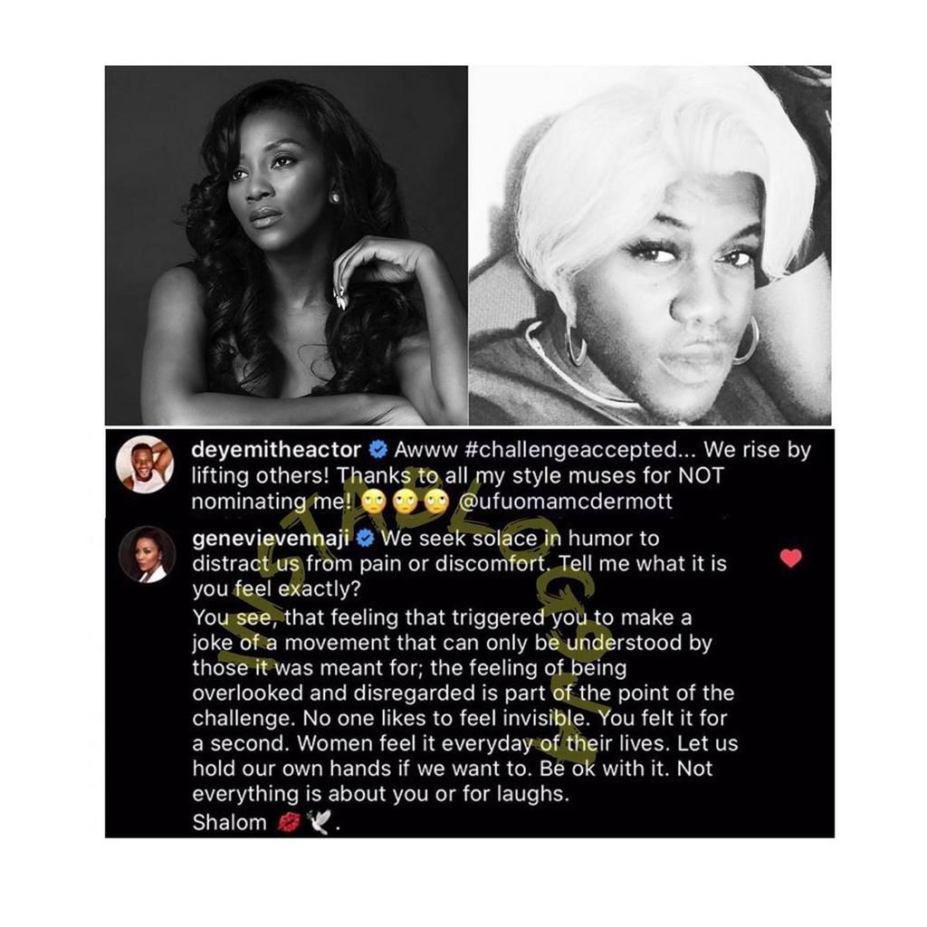 What must have been a joke to the actor, however, didn't sit well with Nnaji as she slammed him for joking over a sensitive movement. [Instagram/Instablog9ja]