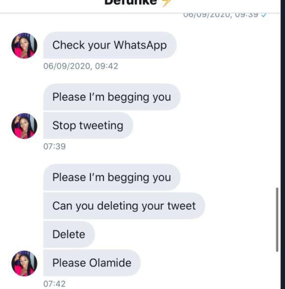 A screenshot of a chat conversation Michael had with his wife, Funke where she appealed to him to take down the tweets [Twitter/CvvAaa]