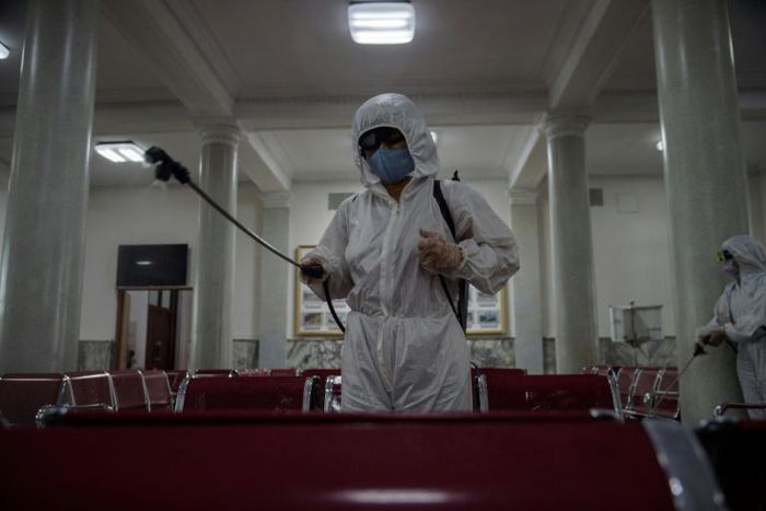'Anti epidemic officials' were seen spraying disinfectant at Pyongyang Railway Station