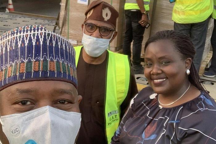 Minister of Aviation, Sen. Hadi Sirika, State Minister of Health, Adeleke Mamora and a government official receive the medical equipment donated by the United Nations [Twitter/@hadisirika]