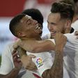 Lucas Ocampos (R) celebrates with teammates after putting Sevilla ahead in their 2-0 win over Betis as La Liga returned after a three-month suspension on Thursday