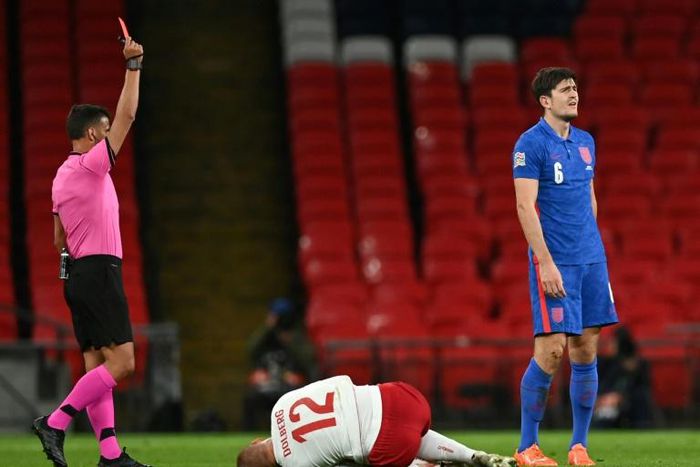 England defender Harry Maguire was sent off against Denmark