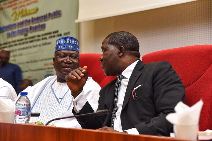President of the Senate, Ahmad Lawan and the Chairman, Senate Committee on Judiciary, Human Rights and Legal Matters, Mr Opeyemi Bamidele. [Twitter/@SenatorOpeyemi]