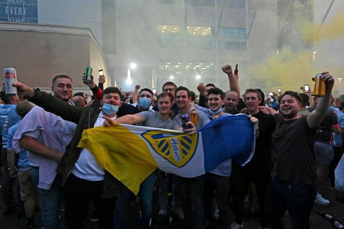 Leeds fans also celebrated outside Elland Road when promotion to the Premier League was confirmed on Friday