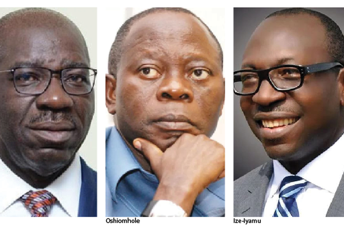 From Left: Political Actors in Edo State, Governor Godwin Obaseki, former governor of the state, Adams Oshiomhole and APC Governorship candidate, Pastor Osagie Ize-Iyamu. (Leadership)