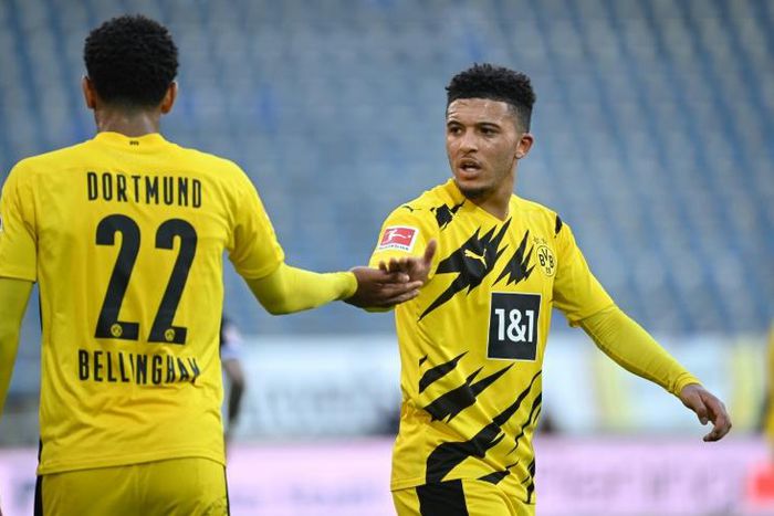 Jadon Sancho with his fellow Englishman Jude Bellingham during Borussia Dortmund's weekend win at Arminia Bielefeld