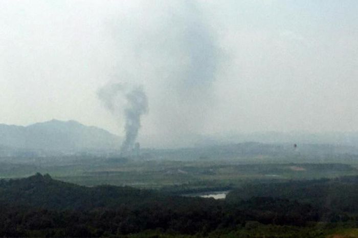 Smoke rises from North Korea's Kaesong Industrial Complex, as seen from South Korea's border city of Paju