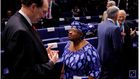 World Bank President David Malpass talks to Ngozi Okonjo-Iweala, former Finance Minister of Nigeria, during a conference entitled "Bretton Woods: 75 years later" in Paris, France, July 16, 2019. REUTERS/Philippe Wojazer/File Photo