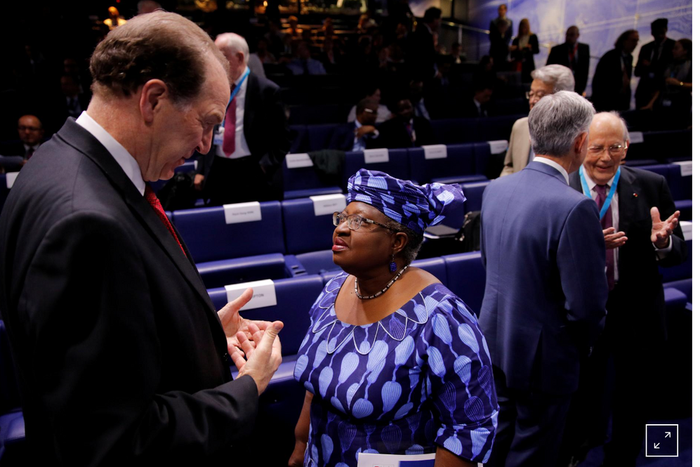 World Bank President David Malpass talks to Ngozi Okonjo-Iweala, former Finance Minister of Nigeria, during a conference entitled "Bretton Woods: 75 years later" in Paris, France, July 16, 2019. REUTERS/Philippe Wojazer/File Photo