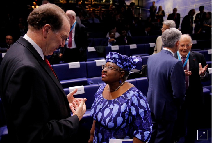 World Bank President David Malpass talks to Ngozi Okonjo-Iweala, former Finance Minister of Nigeria, during a conference entitled "Bretton Woods: 75 years later" in Paris, France, July 16, 2019. REUTERS/Philippe Wojazer/File Photo