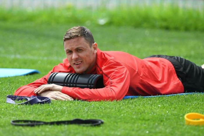 Manchester United' midfielder Nemanja Matic says he is training hard during the lockdown, teammate Juan Mata joked the Serbian is lying down instead